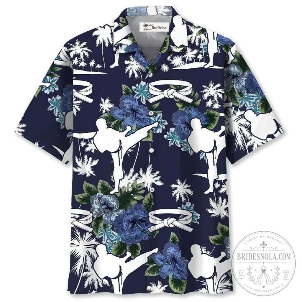 Karate Martial Arts Blue Hibiscus Tropical Hawaiian Shirt