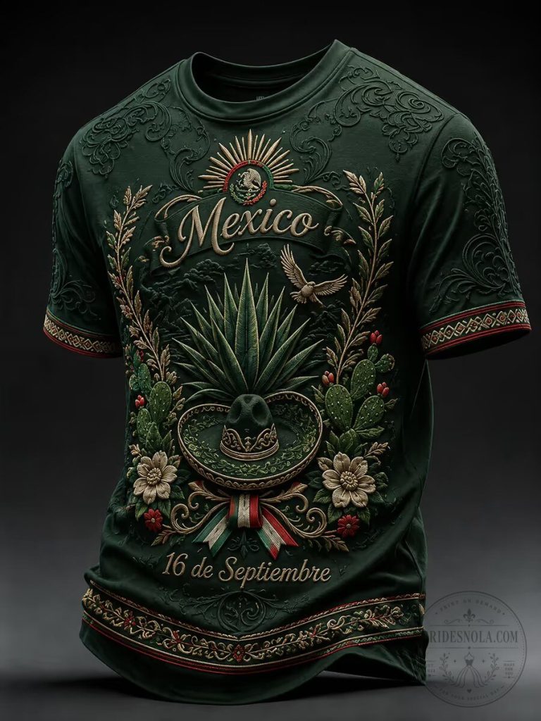 Mexico 16 de Septiembre Independence Day Green Embossed Print T-Shirt