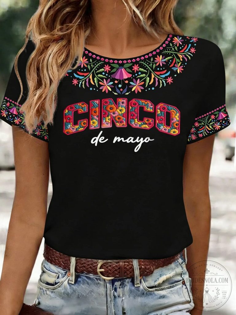 Cinco de Mayo Floral Print Black Short Sleeve Women's T-Shirt