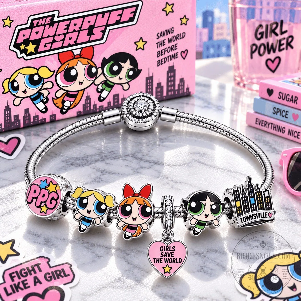 Powerpuff Girls Blossom Bubbles Buttercup Charm Bracelet with Townsville Bead