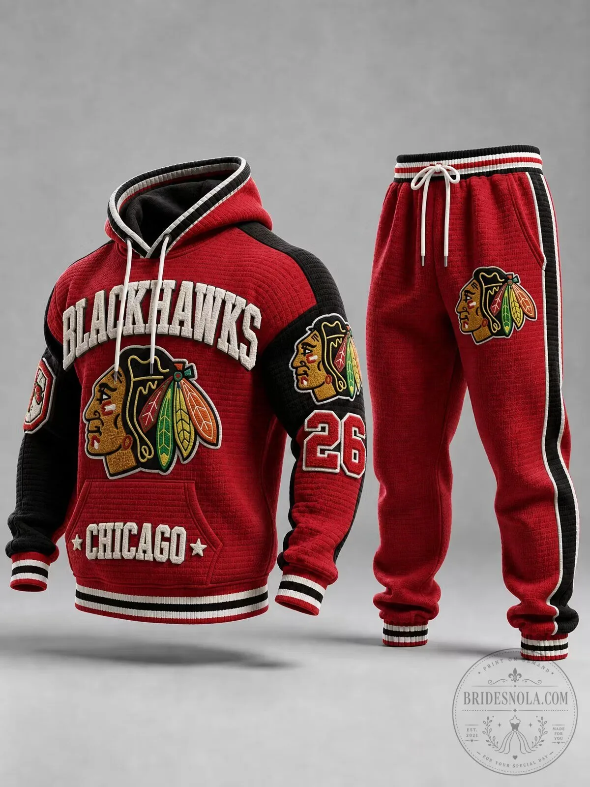 Chicago Blackhawks Hockey Team Red Waffle Knit Hoodie and Sweatpants Set