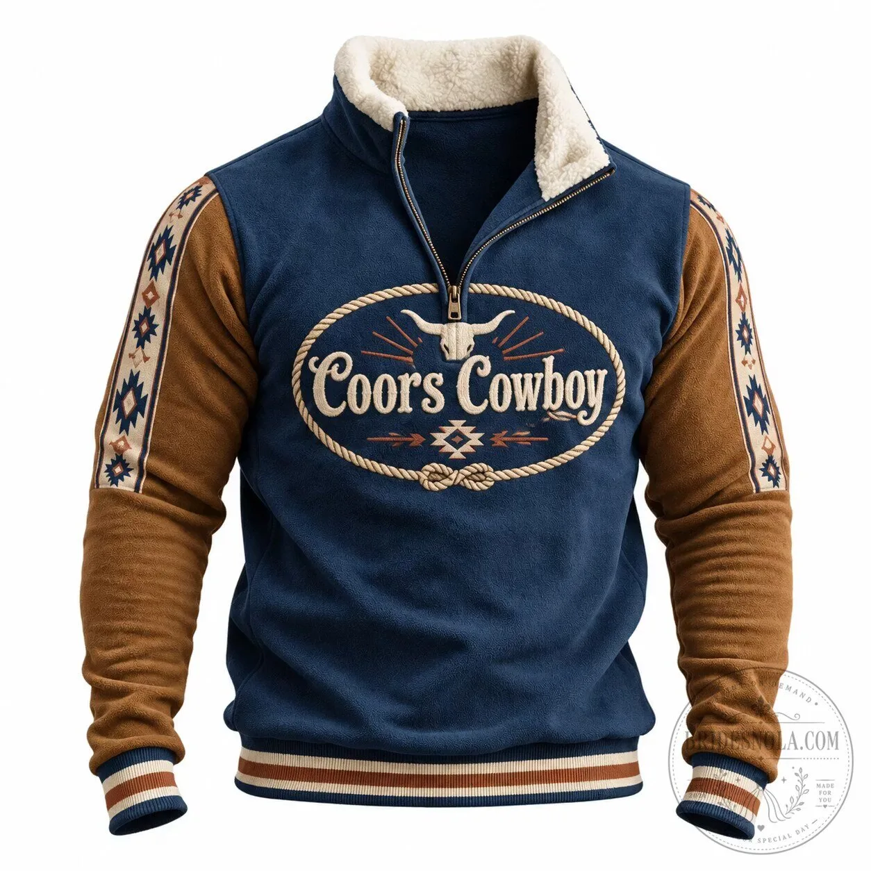 Coors Cowboy Western Style Half-Zip Fleece Sweatshirt with Faux Fur Collar