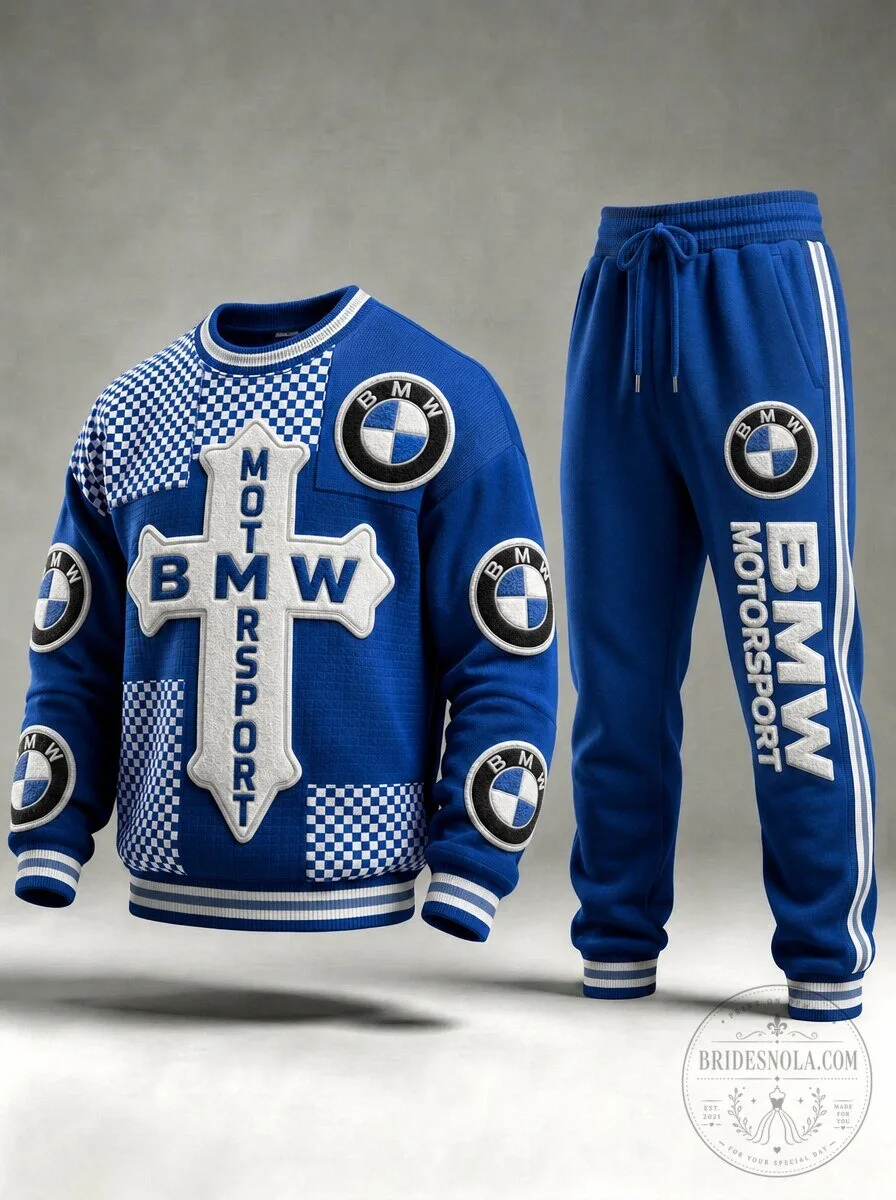 BMW Motorsport Checkered Blue Crewneck Sweatshirt and Jogger Pants Set