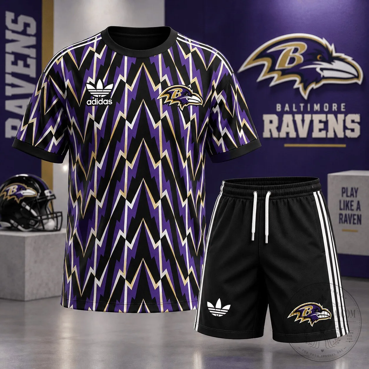 Baltimore Ravens Football Team Lightning Bolt Pattern Sports Fan T-Shirt and Shorts Set
