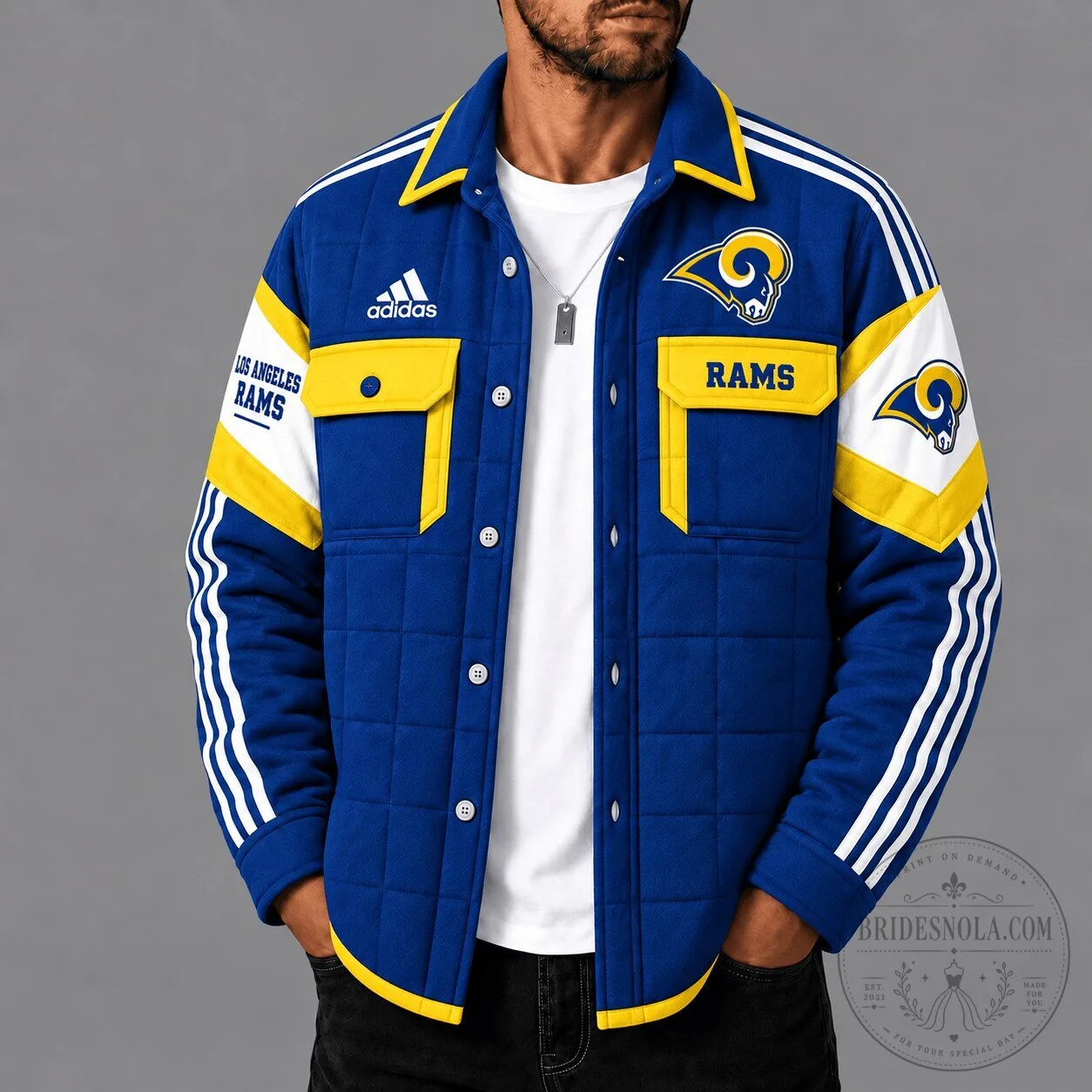 Los Angeles Rams NFL Football Team Blue Quilted Jacket with Stripes