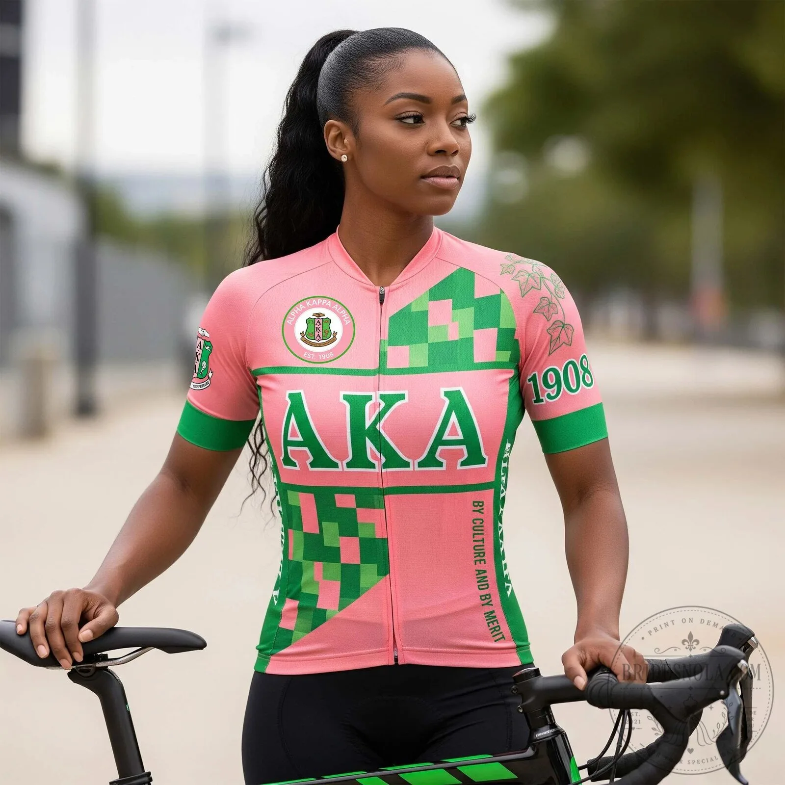 Alpha Kappa Alpha Sorority Incorporated Pink and Green Cycling Jersey