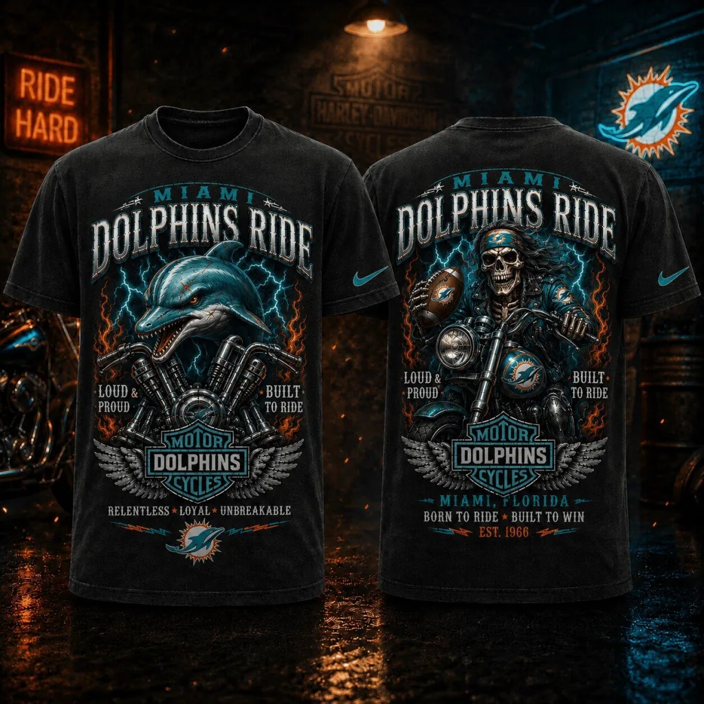Miami Dolphins Shirt Ride Hard Biker Skull Motorcycle Graphic T-Shirt Miami Dolphins Shirt Ride Hard Biker Skull Motorcycle Graphic T-Shirt