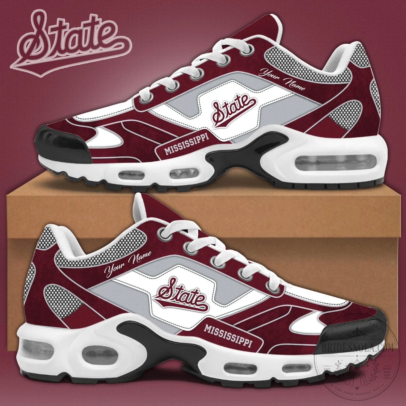 Mississippi State Bulldogs Maroon and White Custom Name Air Cushion Shoes