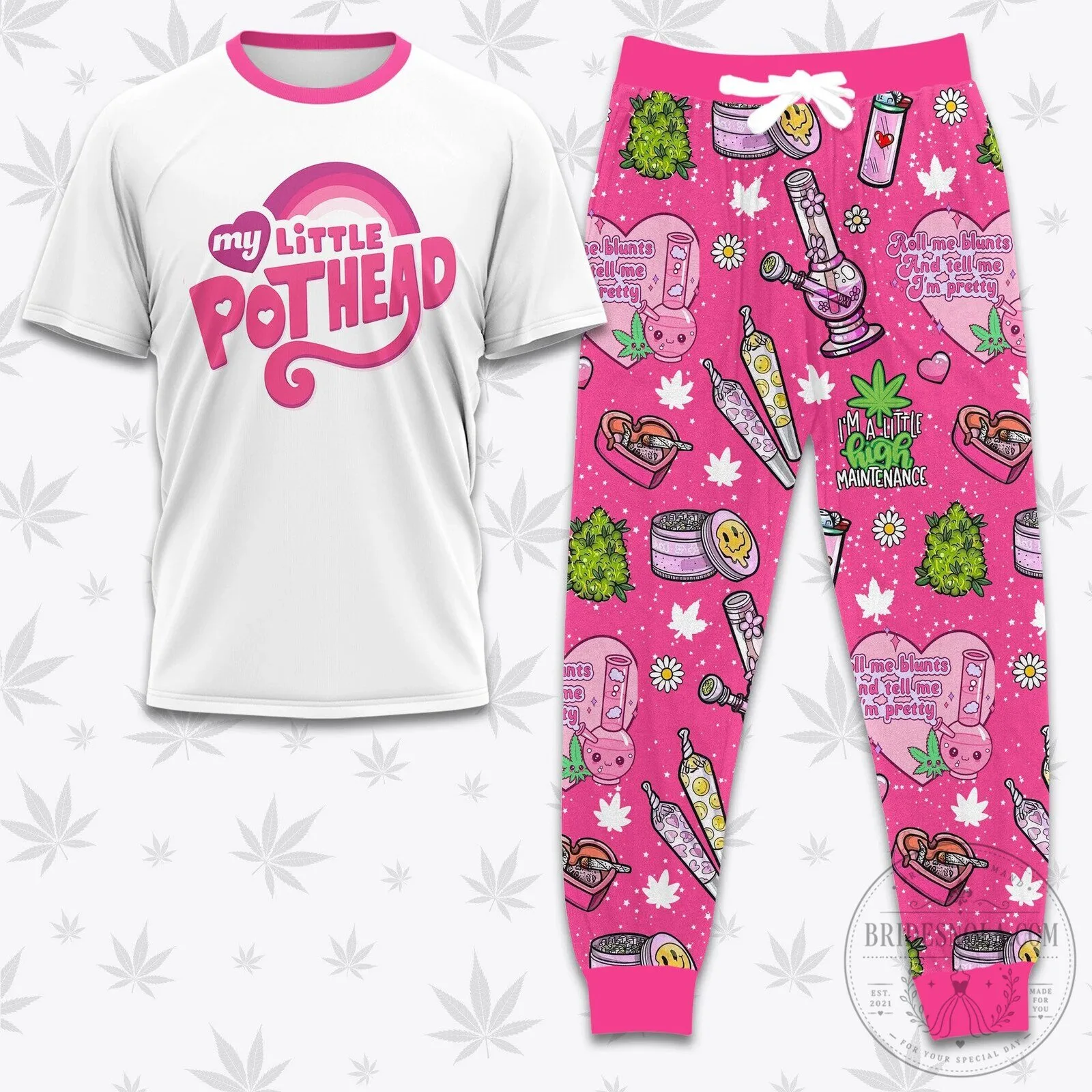 My Little Pothead Cannabis Leaf Pink Pajamas Set