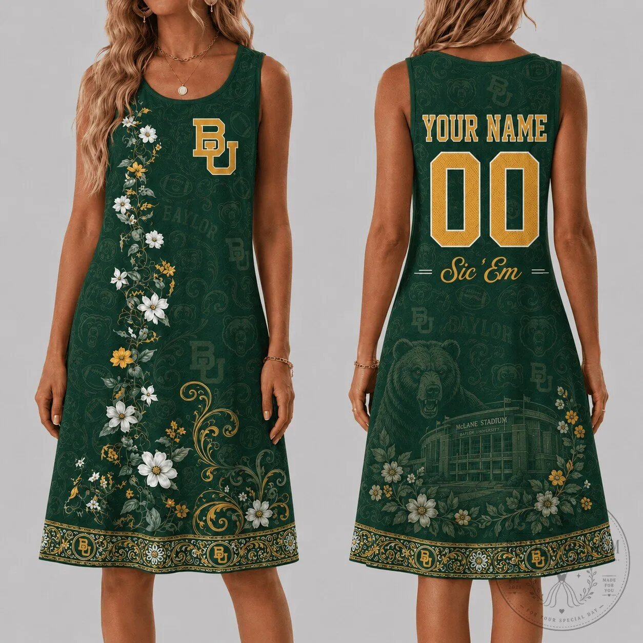 Baylor Bears Custom Name and Number Floral Sleeveless Dress