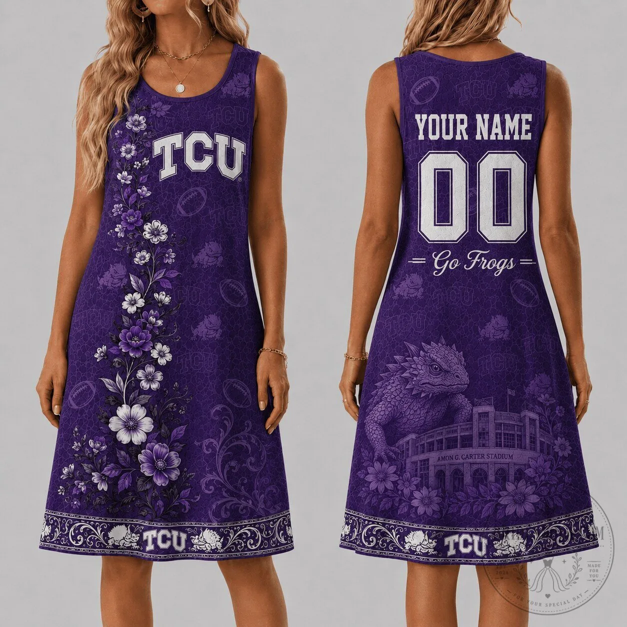 Texas Christian University Horned Frogs Floral Pattern Sleeveless Dress