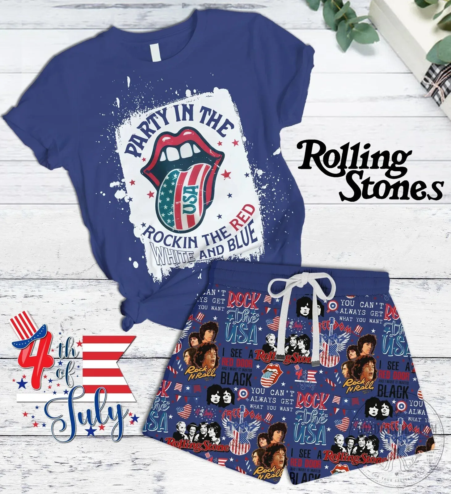 Rolling Stones Fourth of July Party In The USA Rockin' Red White And Blue Pajamas Set