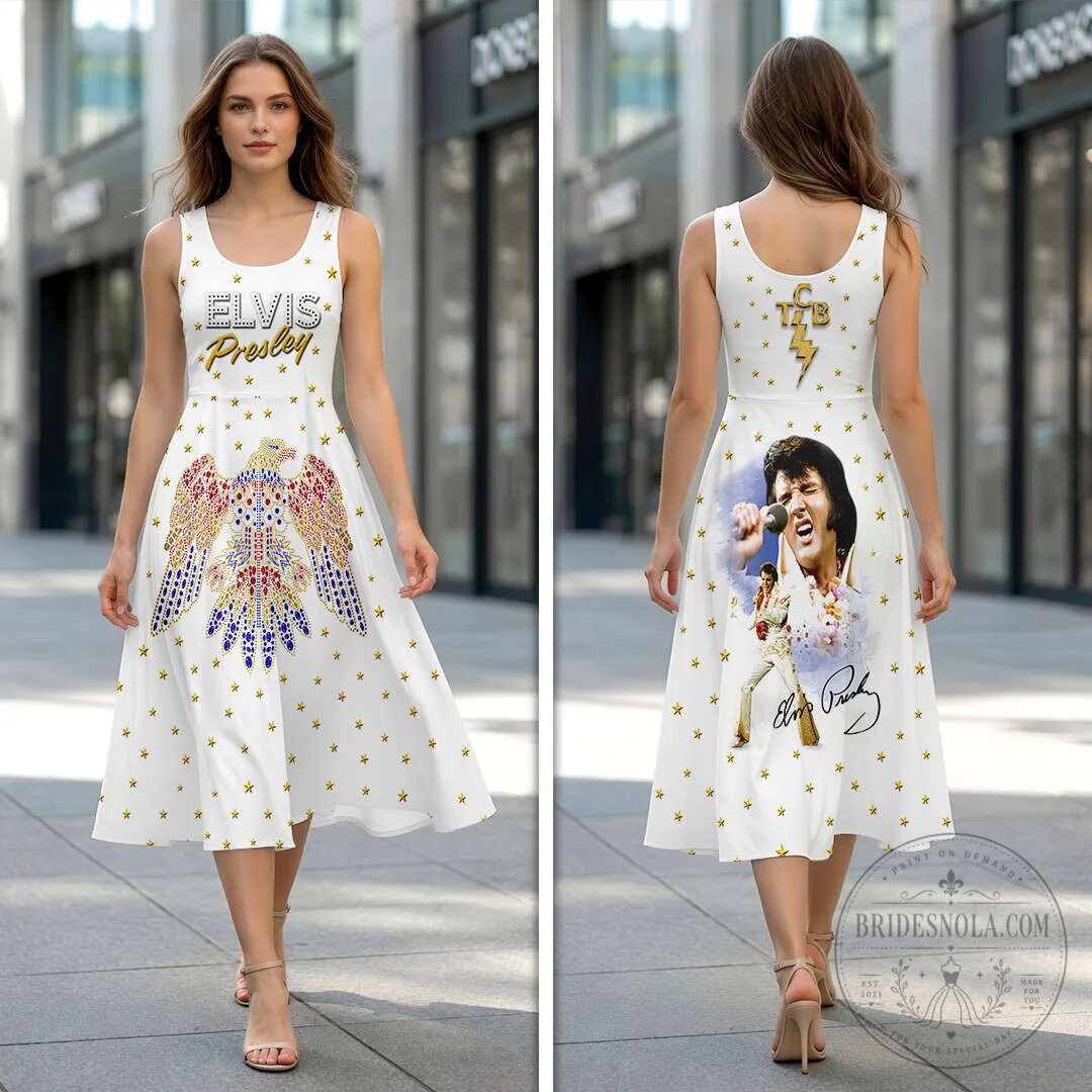 Elvis Presley American Eagle Gold Stars White Sleeveless Dress