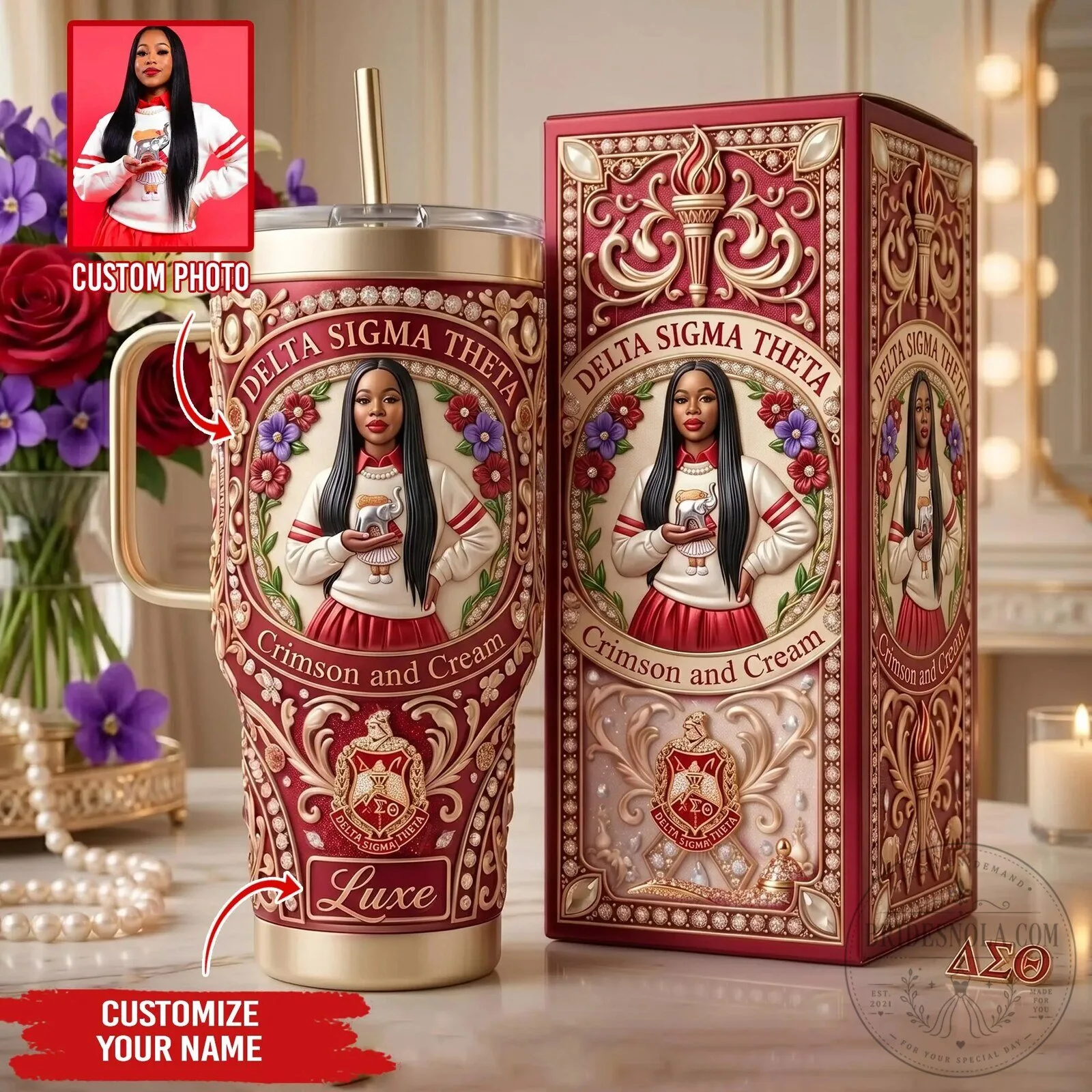 Delta Sigma Theta Crimson and Cream Custom Photo Stainless Steel Tumbler