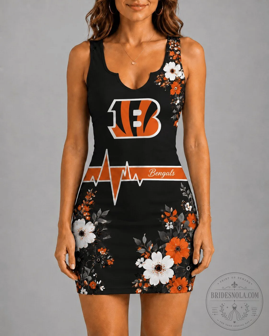 Cincinnati Bengals Floral Heartbeat NFL Football Black Sleeveless Dress