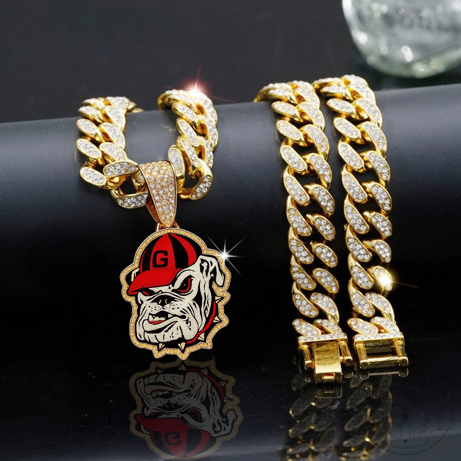 Georgia Bulldogs Mascot Gold Chain Necklace with Rhinestones