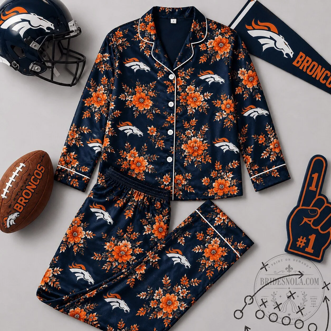 Denver Broncos NFL Floral Print Pajamas Set for Women