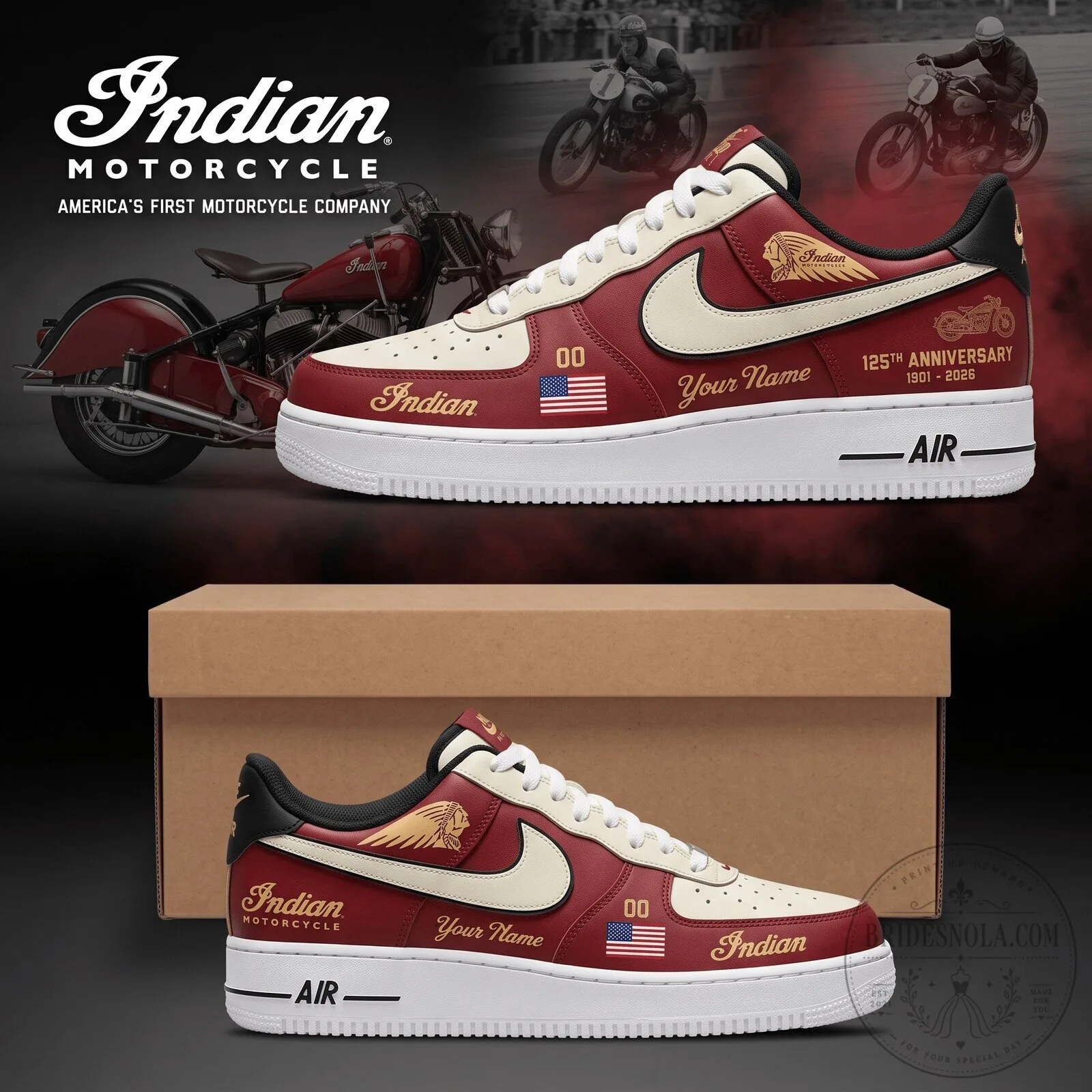 Indian Motorcycle 125th Anniversary Personalized Air Force 1 Sneakers
