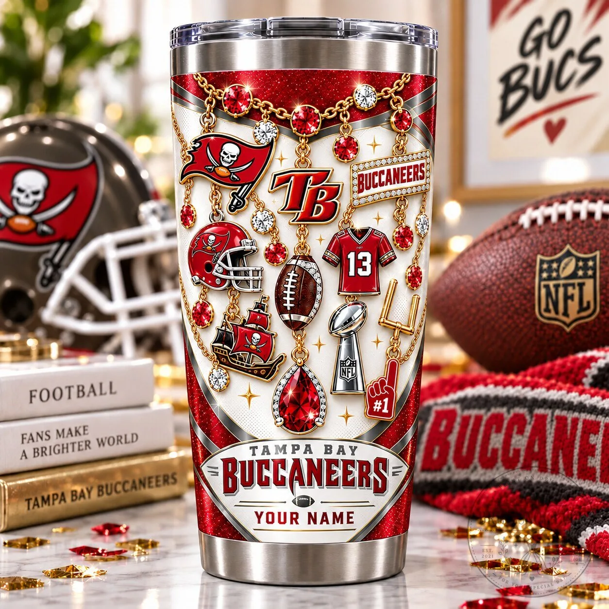 Tampa Bay Buccaneers Football Team Sparkle Personalized Stainless Steel Tumbler