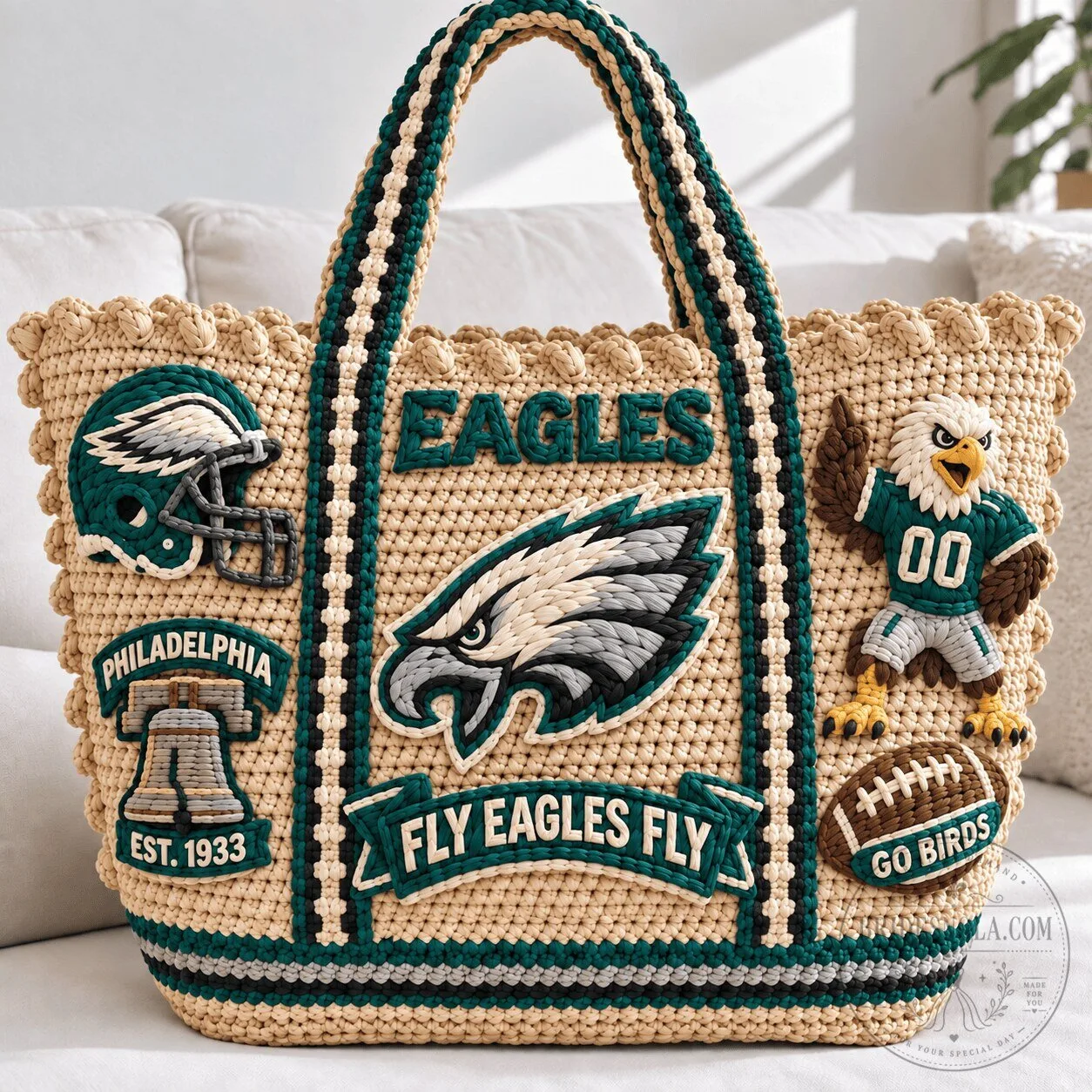 Philadelphia Eagles Crochet Tote Bag with Embroidered Team Logos