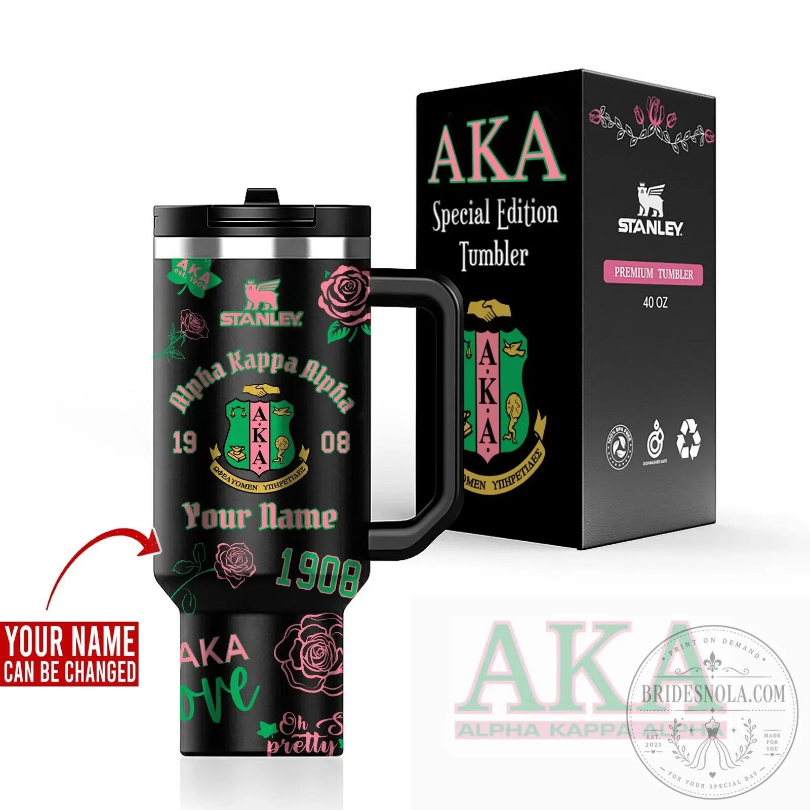 Alpha Kappa Alpha Sorority Pink and Green Roses Stanley Tumbler with Handle