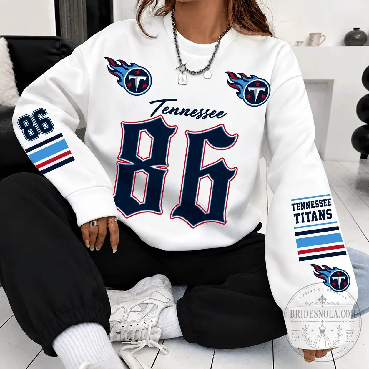 Tennessee Titans Football Team Heritage Script and Block Custom Number Sweatshirt