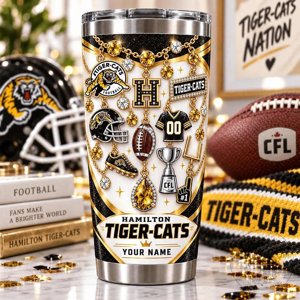 Hamilton Tiger-Cats Football Team Personalized Sparkle Tumbler
