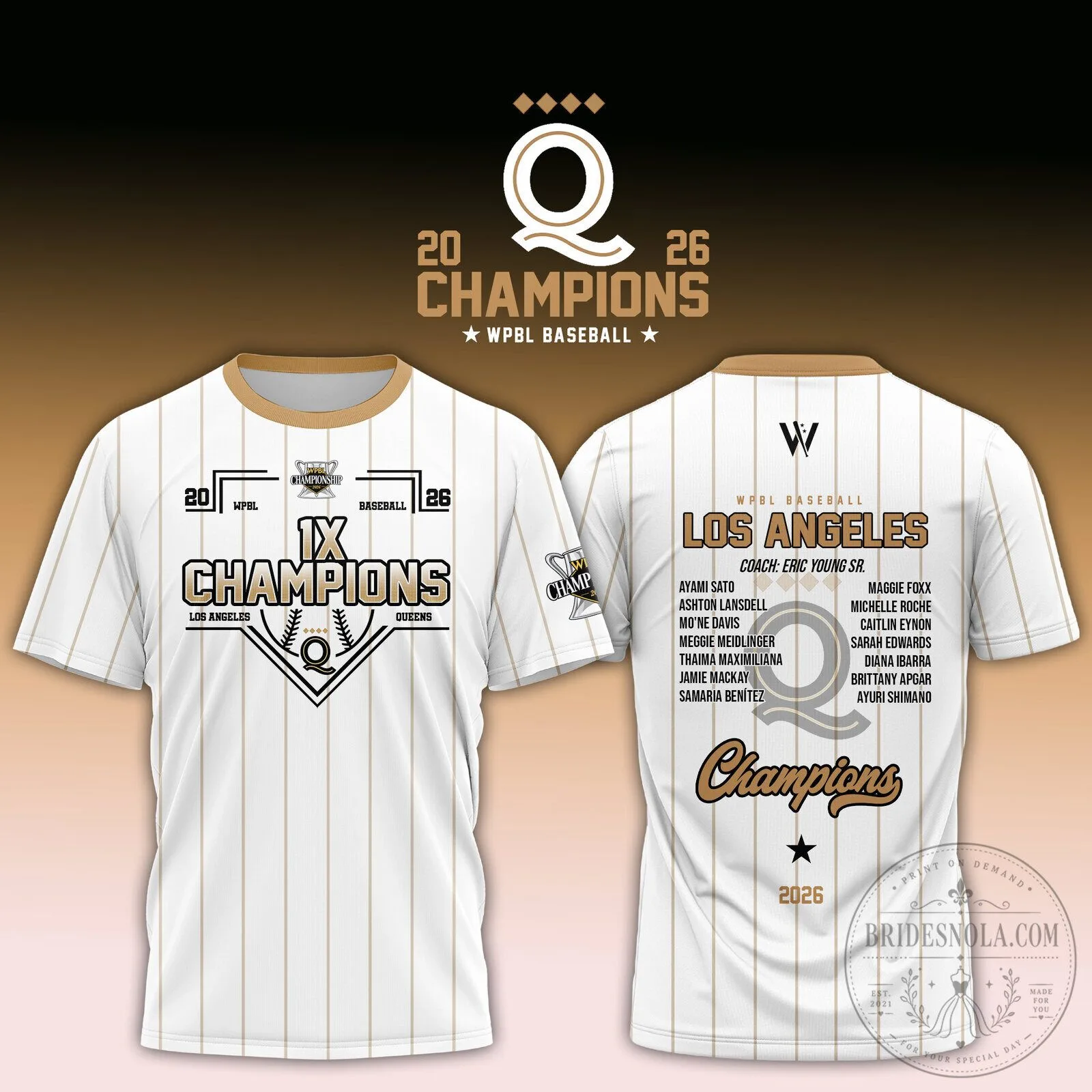 Los Angeles Queens WPBL Baseball 2026 Champions White Striped Baseball Jersey