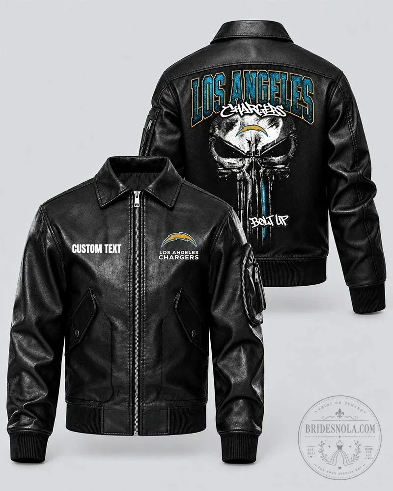 Los Angeles Chargers Skull Design Black Leather Bomber Jacket
