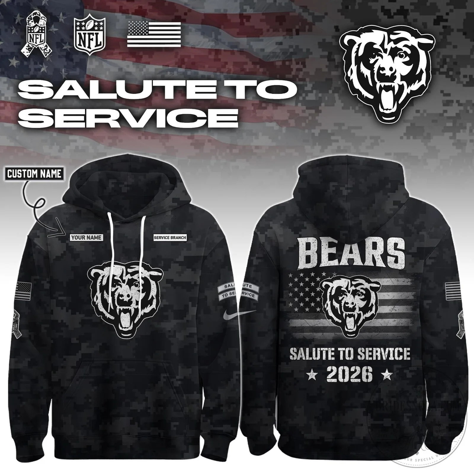 Chicago Bears Salute To Service 2026 Custom Name And Branch Hoodie 2 Chicago Bears Salute To Service 2026 Custom Name And Branch Hoodie