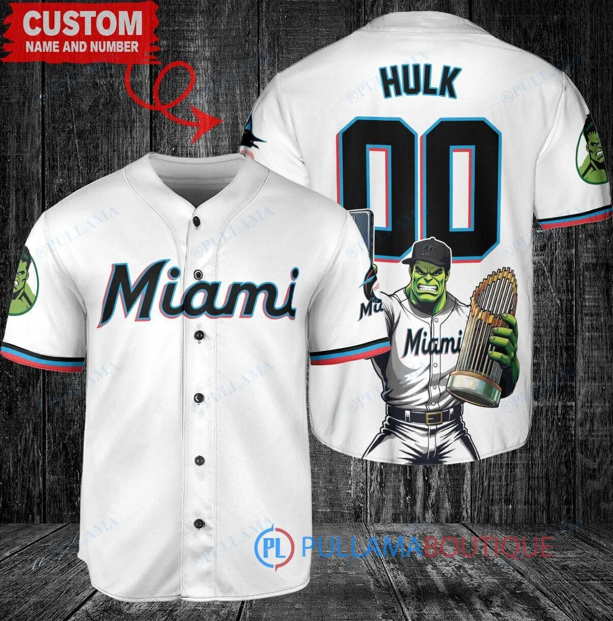 Miami Marlins Baseball Hulk Marvel World Series Trophy Custom Jersey 1 Miami Marlins Baseball Hulk Marvel World Series Trophy Custom Jersey