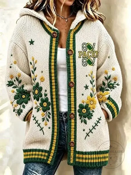 Green Bay Packers Embroidered Floral Hooded Cardigan Sweater for Women