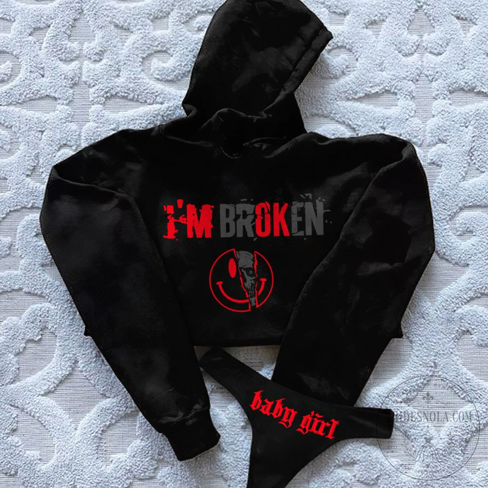 I'm Broken Skull Smiley Face Cropped Hoodie and Thong Set 1 I'm Broken Skull Smiley Face Cropped Hoodie and Thong Set