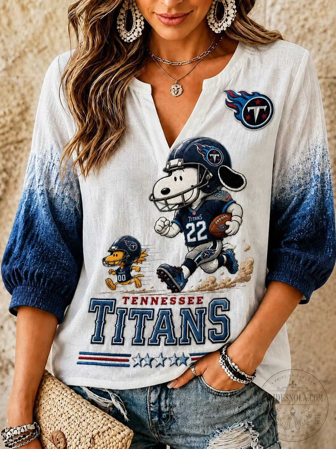 Tennessee Titans Snoopy Football Mascot Women's Casual V-Neck T-Shirt