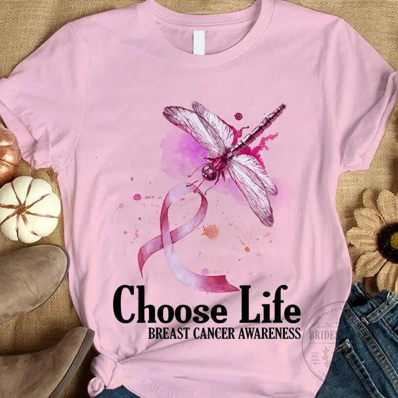 Breast Cancer Survivor Awareness Choose Life Dragonfly Pink Ribbon T-Shirt