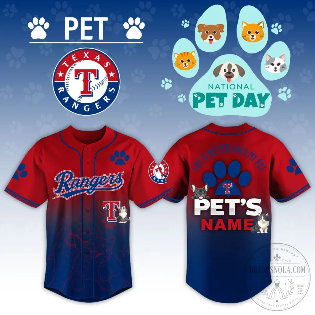 Texas Rangers Baseball Personalized Pet Day Red and Blue Baseball Jersey Texas Rangers Baseball Personalized Pet Day Red and Blue Baseball Jersey