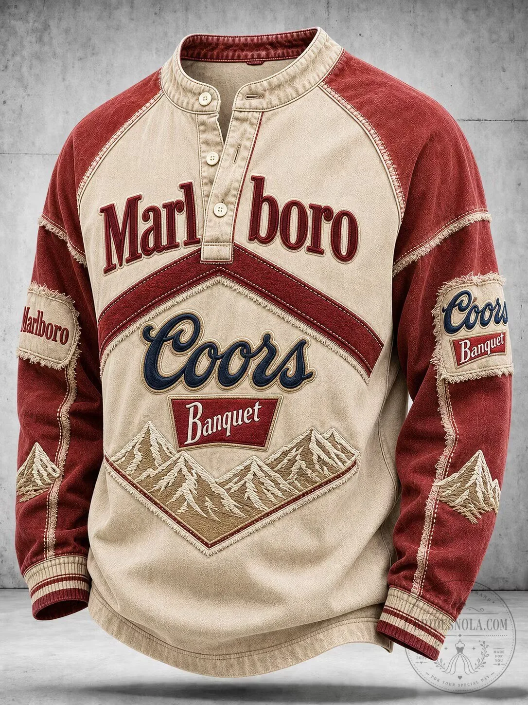 Marlboro Coors Banquet Beer Brand Vintage Embroidered Long-Sleeve Henley Shirt