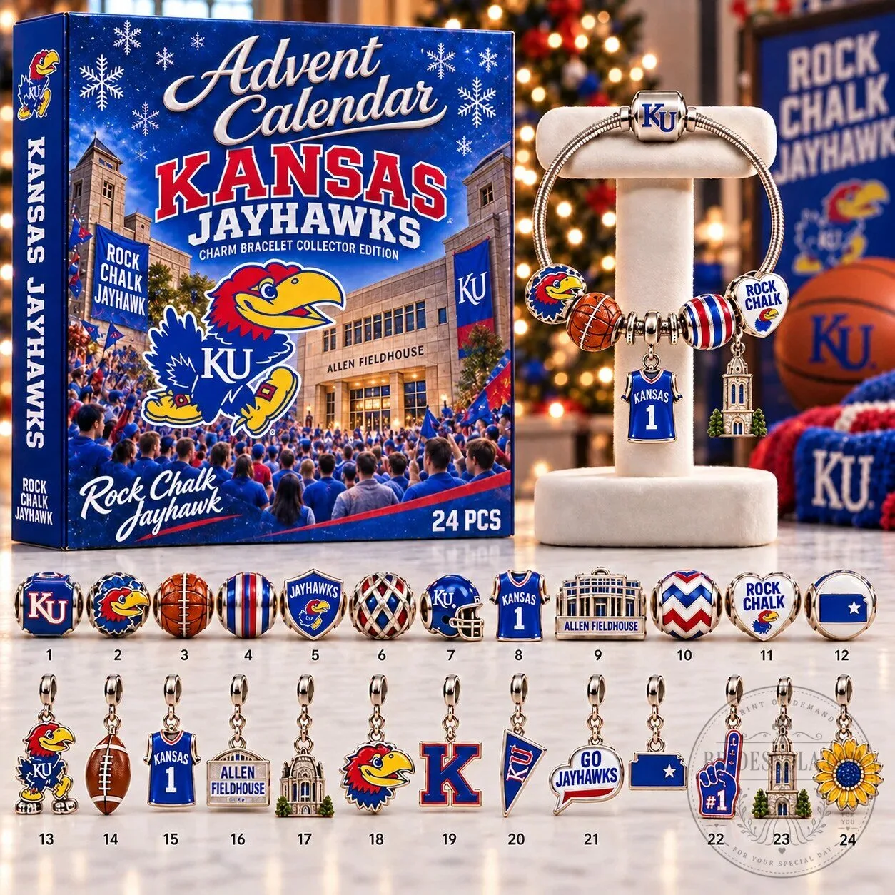 Kansas Jayhawks Advent Calendar Charm Bracelet Set with Twenty-Four Charms