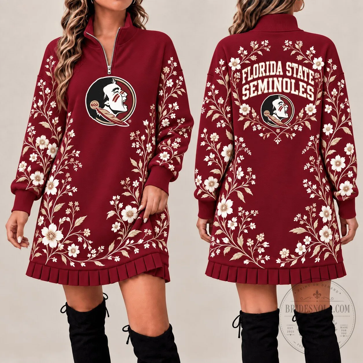 Florida State Seminoles Floral Embroidered Quarter Zip Sweatshirt Dress