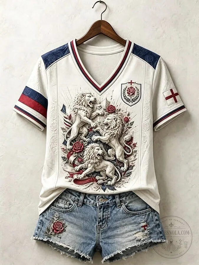 England Football Three Lions Crest Graphic Print V-Neck T-Shirt