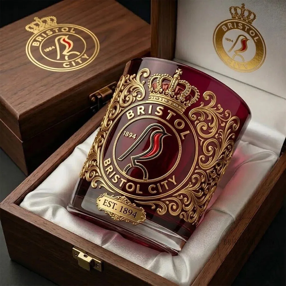 Bristol City Football Club Red Whiskey Glass with Gold Crown Design