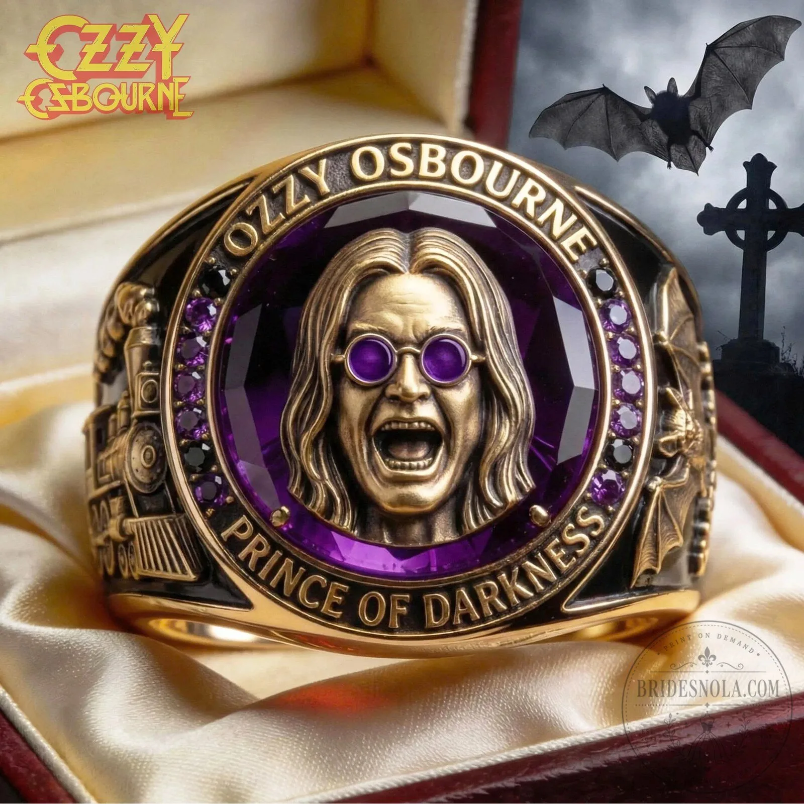 Ozzy Osbourne Prince of Darkness Heavy Metal Gold Ring with Purple Gemstones