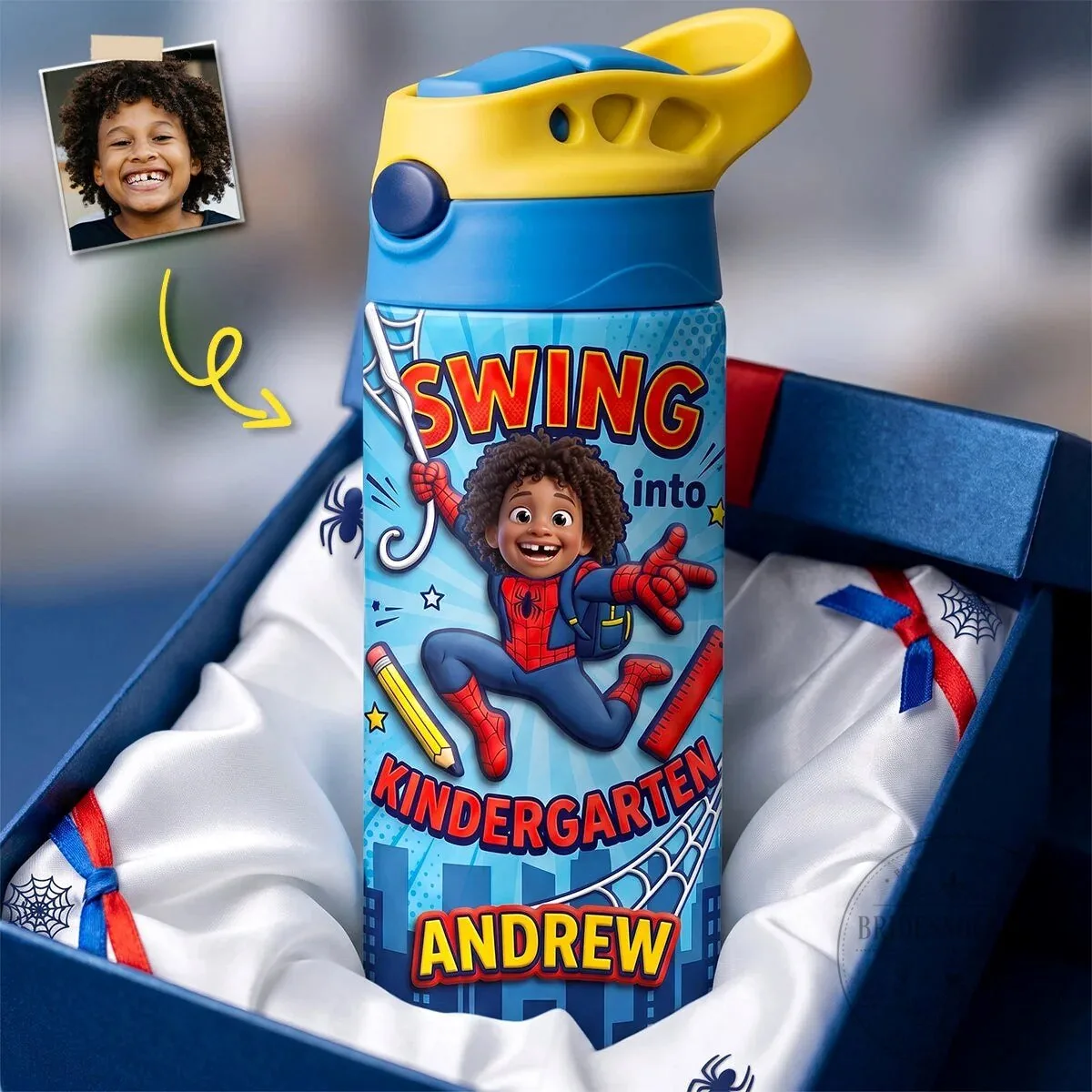 Personalized Kindergarten Spider-Man Kids Water Bottle for Back to School