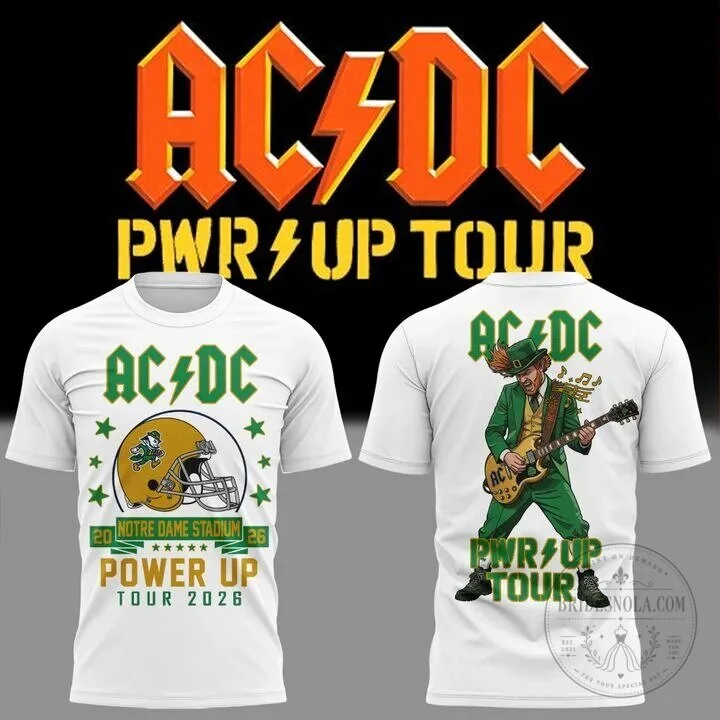 2026 Power Up Tour T-Shirt for Notre Dame Football Featuring AC/DC Theme