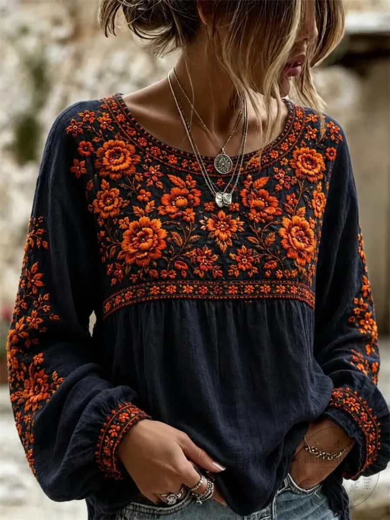 Embroidered Floral Boho Long-Sleeve Blouse for Women 4 Embroidered Floral Boho Long-Sleeve Blouse for Women