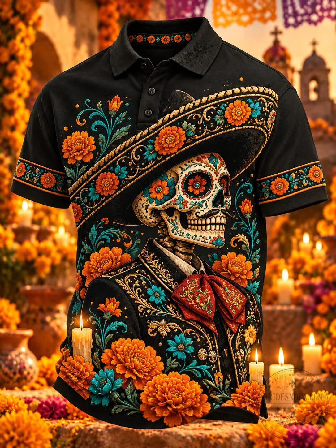 Day of the Dead Sugar Skull Mariachi Floral Print Men's Polo Shirt