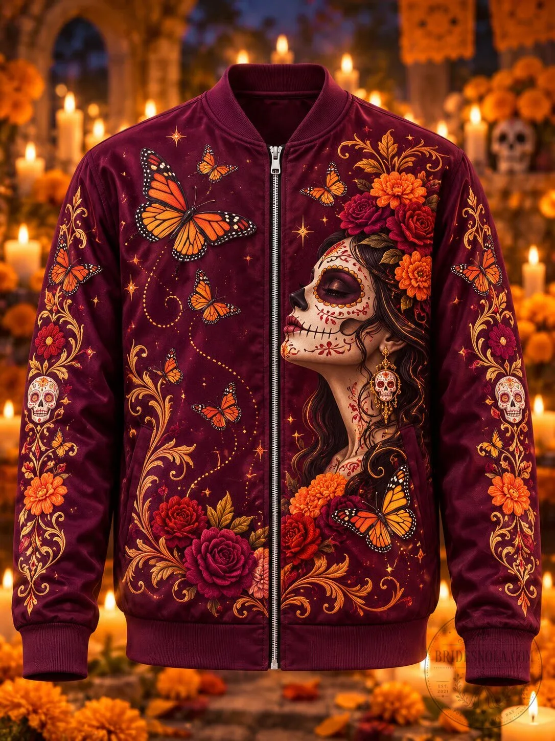 Day of the Dead Sugar Skull Woman and Butterflies Print Bomber Jacket