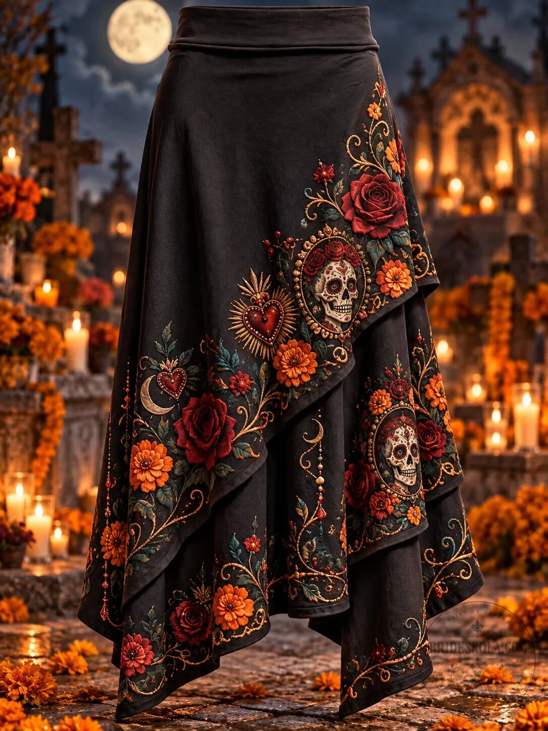 Day of the Dead Embroidered Floral Skull Skirt