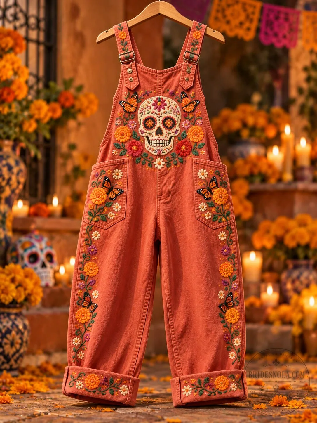 Day of the Dead Sugar Skull Embroidered Floral Orange Women's Overalls