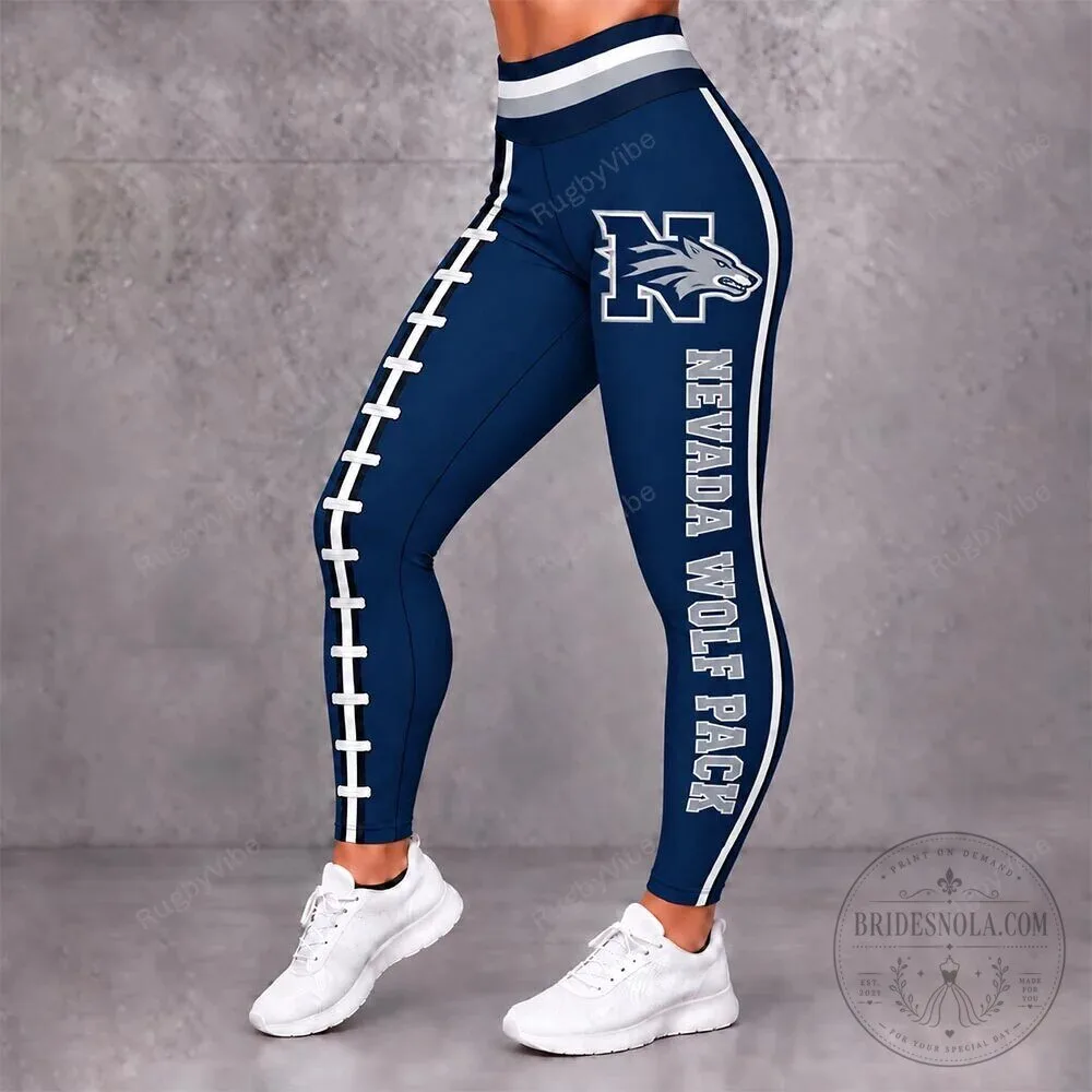Nevada Wolf Pack Football Team Logo Blue and White Striped Leggings